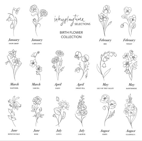 Large Lily Of The Valley Tattoo, Birth Flowers Fine Line, Fine Line Birth Flowers, Birthflower Tattoo Birth Month, Birthflower Name Tattoo, Birthflower January Tattoo, Fine Line Birth Flower Tattoo, July And August Birth Flower Tattoo, Minimal Line Art Tattoo