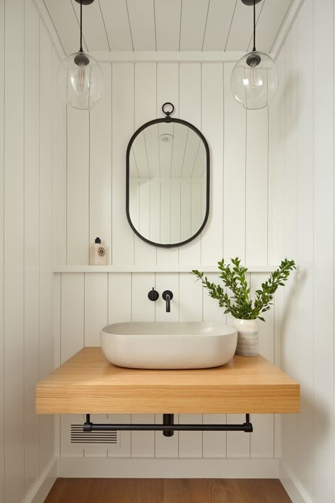 Farmhouse Powder Room, Vertical Shiplap, Mirror Interior Design, Shiplap Wall, Glenwood Springs, Powder Room Design, Cottage Bathroom, Wall Bathroom, Floating Vanity