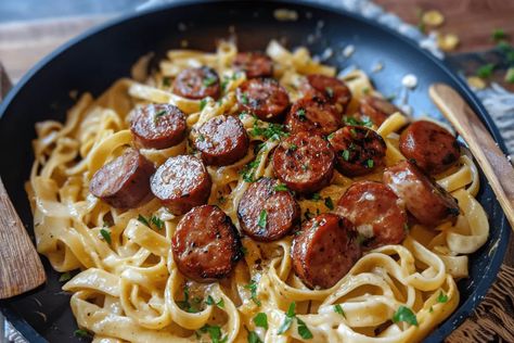 Garlic Butter Sausage Bites With Creamy Parmesan Pasta, Garlic Butter Sausage Bites, Garlic Butter Sausage, Chicken Recipes Pasta, Creamy Parmesan Pasta, Sausage Bites, Simple Supper, Garlic Butter Pasta, Garlic Parmesan Pasta