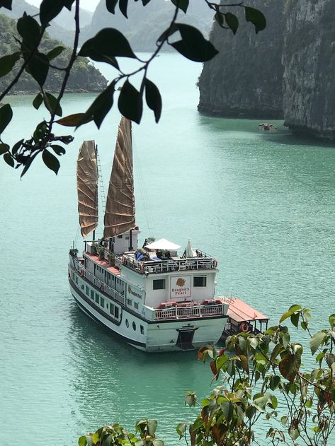 Dragons's Pearl Junk moored in the waters of Bai Tu Long Bay Vietnam Cruise, Floating Village, Bai Tu Long Bay, Lunch On The Beach, Junk Boat, Vietnam Travel Guide, Halong Bay, South China Sea, Fishing Villages