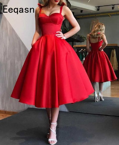 Vestido retro de los 50s para mujer, de 30 verano, sin hombros, cuello bote, swing, rockabilly, vestidos pinup de talla grande, vestido de fiesta|vestido talla plus|vestido plus tamañovestido de tamaño - AliExpress Tea Length Prom Dress, Short Red Prom Dresses, Tea Length Bridesmaid Dresses, Satin Ball Gown, Red Homecoming Dresses, Prom Dresses With Pockets, Short Prom Dress, Vestidos Vintage, Dresses Elegant