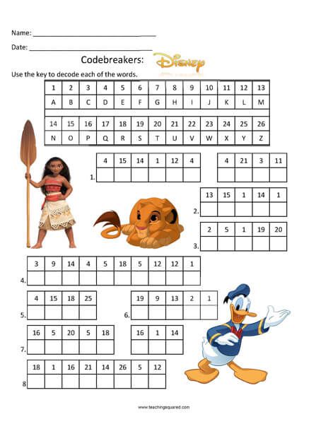 Codebreaker Characters - Teaching Squared Disney Codebreakers, Disney Maze Printable, Fun Worksheet Activities, Disney Themed Worksheets, Disney Puzzles Printables, Disney Crossword Puzzles Printable, Disney Worksheets Printables, Disney Worksheets For Kids, Disneyland Worksheets