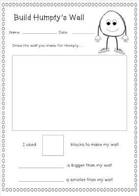 Creative math idea alert! Building Humpty's Wall- learn counting, one-to-one correlation, math vocab, and problem solving skills (when their walls collapse!) Humpty Dumpty Activities, Nursery Rhymes Kindergarten, Kindergarten Building, Wall Shapes, Stem Activities Kindergarten, Fairy Tales Preschool, Easy Math Activities, Kindergarten Stem, Nursery Rhymes Preschool