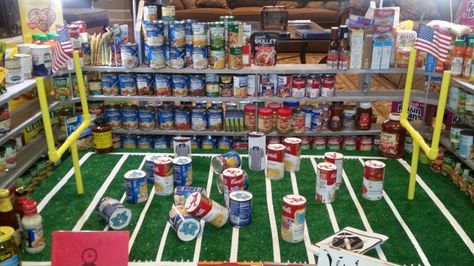 Can food drive display collection football stadium Food Drive Display Ideas, Stuco Ideas, College Ministry, Canned Food Drive, Kindness Club, Thanksgiving Board, Souper Bowl, Can Food, Leader In Me