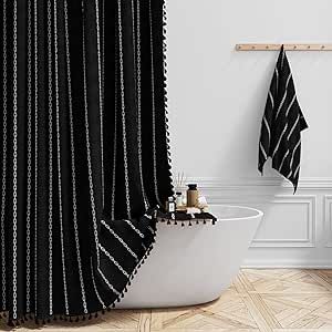 Boho Farmhouse Style, Country Shower Curtain, Black And White Shower Curtain, Black White Bathrooms, Farmhouse Shower Curtain, Geometric Shower Curtain, Rustic Fabric, Farmhouse Shower, Tassel Curtains