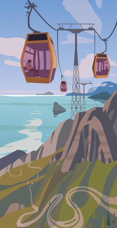 Cable car overlooking the sea. Vector. Cable Car Drawing, Cable Car Illustration, Sea Vector, Transport Illustration, Puzzle Graphic, Amusement Rides, Sea Illustration, City Farm, Car Vector