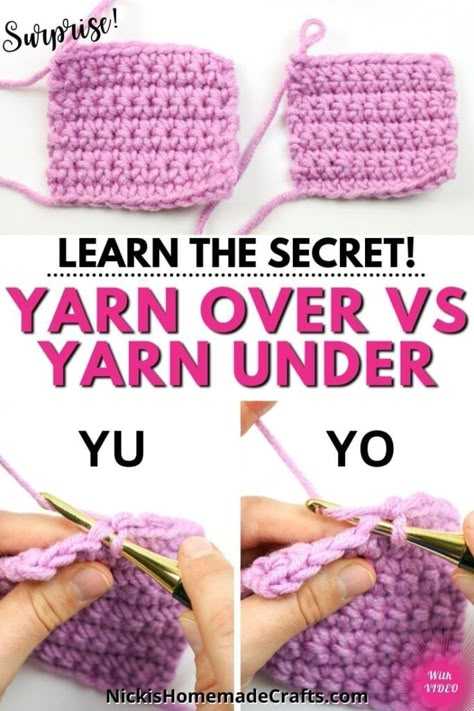 How To Yarn Over In Crochet, Carry Yarn In Crochet, Different Ways To Hold Crochet Yarn, Yarn Under Single Crochet, Super Simple Crochet Patterns, Easy One Skein Crochet Patterns, Crochet Absolute Beginner, Yarn Over Vs Yarn Under Crochet, Easy Crochet For Beginners Step By Step