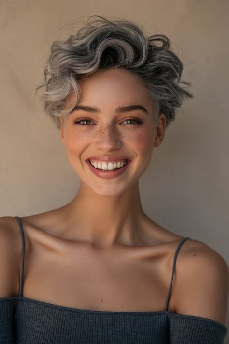 Short Curly Haircuts For Women, Low Maintenance Pixie, Curly Haircuts For Women, Round Face Curly Hair, Pixie Cut Curly Hair, Pixie Cut Round Face, Curly Pixie Cuts, Curly Haircuts, Natural Gray Hair