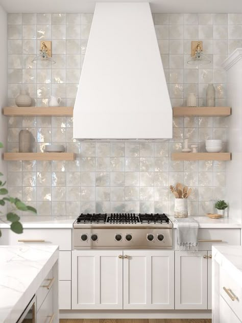 Add an accent to your design with this 6 x 6 Santorini Hot Glass Tile with a polished or high gloss finish. Straight and perfectly cut-to-size edges of this decorative create continuity. Decorative accents can be used to enhance kitchens, bathrooms, and other areas of your home. A stunning glass backsplash adds unique detail to any design. The wide range of shapes and colors found in our glass presents a great way to express creativity. This product can be installed on a shower wall. | Viviano | Kitchen Tile Peel And Stick, Kitchen Backsplash With Tan Cabinets, Pattern Tile Behind Stove, Square White Kitchen Backsplash, Scalloped Countertop Backsplash, Blue Accent Backsplash Kitchen, Kitchen Backsplash For White Kitchen, Glitter Backsplash Kitchen, Italian Backsplash Kitchen