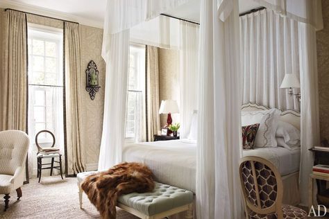 A master bedroom decorated by Jeffrey Bilhuber features an ethereal canopy bed dressed with embroidered linens by E. Braun & Co. Elegant Canopy Bed, Manhattan Brownstone, Jeffrey Bilhuber, Windows Curtains, Traditional Bedroom Design, Glamorous Interiors, Bed Color, Fabric Canopy, Four Poster Bed