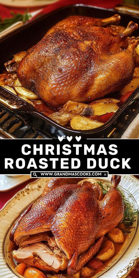 This Christmas Roasted Duck combines crispy skin with a rich, savory flavor that’s perfect for the holiday season. Serve it up for an elegant, memorable meal that’s sure to wow your guests! Chinese Roasted Duck, How To Cook A Whole Duck In The Oven, Holiday Duck Recipes, Duck Seasoning Recipes, Duck Cooking Recipes, How To Roast A Duck In The Oven, Dutch Oven Duck, Easy Roast Duck Recipes, Roasting Duck Whole