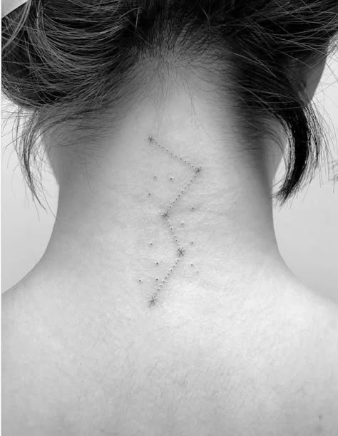 Constellation Neck Tattoo, Cassieopia Constellation Tattoo, Casseopia Constellation Tattoo, Cassiopeia Constellation Tattoo, Cassiopeia Tattoo, Back Of The Neck Tattoos, Astronomy Tattoos, Cassiopeia Constellation, Star Constellation Tattoo