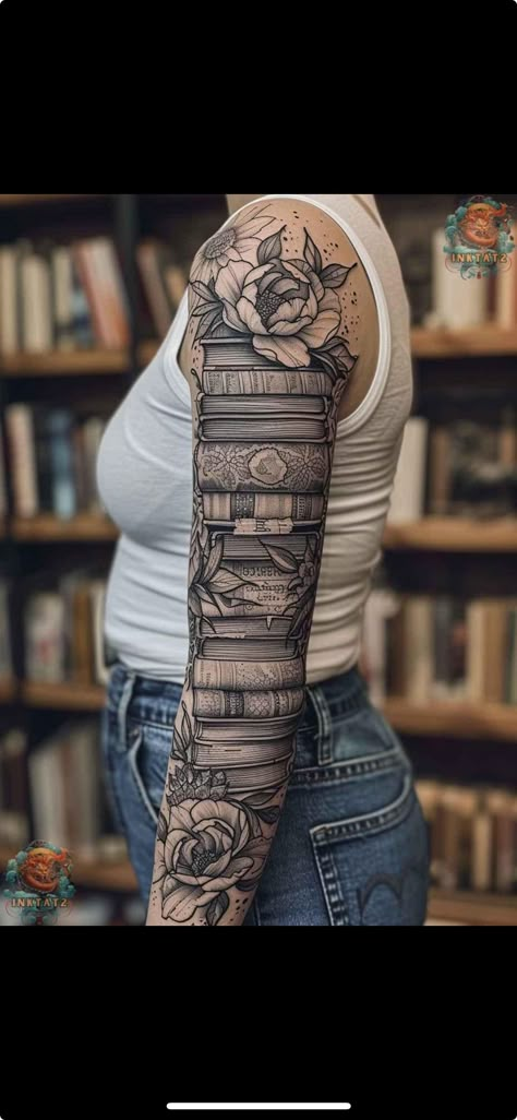 Book Arm Sleeve Tattoo, Book Half Sleeve Tattoo, Dragon On Books Tattoo, Reading Tattoos For Women, The Reader Tarot Card Tattoo, Bookshelf Tattoo, Book Tattoo Sleeve, Reader Tattoo, Ankle Band Tattoo