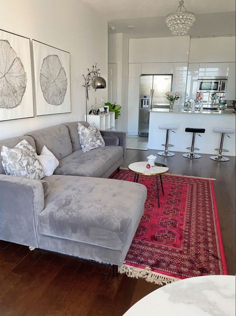 Grey And Red Living Room, Red Rug Living Room, Persian Rug Living Room, Grey Couch Living Room, 2x3 Rug, Dream Apartment Decor, Simple Living Room, Home Design Living Room, Apartment Decor Inspiration