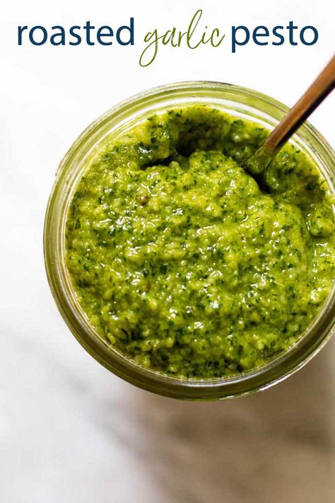 Put all of that summer basil to good use and make this delicious Roasted Garlic Pesto! It's the perfect sauce for pasta. Garlic Pesto, Pesto Sauce For Pasta, Homemade Pesto Sauce, Sauce Pesto, Cooking Herbs, Herb Sauce, How To Make Pesto, Lemon Basil, Homemade Pesto