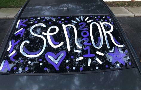 2021 senior year graduation car painting Senior Car Decorating 2023, Grad Car Window Paint, Senior Writing On Car Windows, Car Graduation Decorations, Car Chalk Window Ideas, Senior Car Paint Ideas 2020, Senior Box Ideas Painted, Car Window Paint Ideas, Senior Car Decorating Ideas 2020