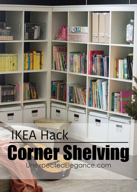 Do you have a corner of a room that needs some storage? Check out this EASY corner cabinet IKEA hack, to turn inexpensive shelving into a corner storage unit. Cabinet Ikea Hack, Corner Of A Room, Corner Storage Unit, Cabinet Ikea, Kids Loft, Kids Office, Corner Storage, Playroom Organization, Kallax Ikea