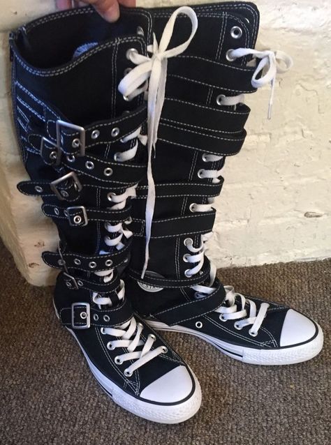 Converse All Star Black White Chuck Taylor Knee High Tops Buckles 6MENS 8WOMENS | eBay White Knee High Converse, Tall Converse, Long Converse, Converse Knee High, Knee High Shoes, Emo Shoes, Knee High Sneakers, Converse All Star Mens, Knee High Converse