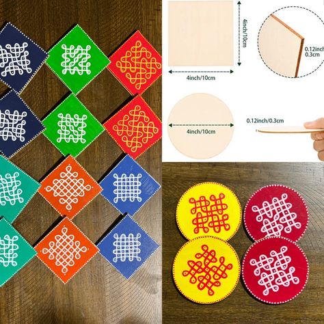 Kolam/MugguCoasters; Square and Round shapes available; Size 4*4inch Perfect for festive gifting, home decor, Diya/Deepam Base Rangoli Decoration, Kolam Design, Sikku Kolam, Art Classroom Decor, Kolam Designs, Paint Art, Art Classroom, Diy Arts And Crafts, Art Craft