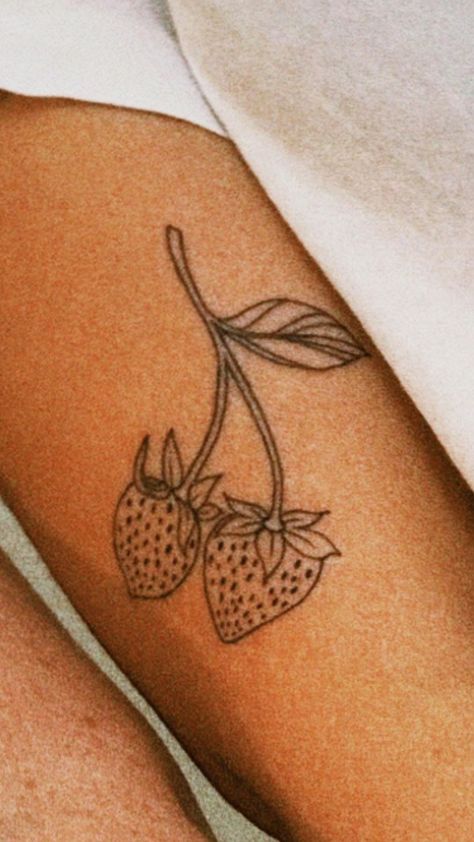 Strawberry Tree Tattoo, Strawberry Hip Tattoo, Fine Line Fruit Tattoo, Strawberry Vine Tattoo, Strawberry Tattoo, Fruit Tattoo, Aesthetic Foods, Vine Tattoos, B Tattoo