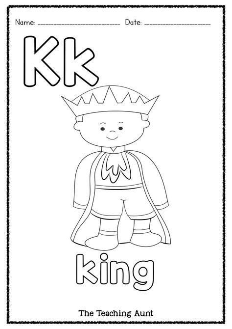 King Craft Preschool, K Is For, Letter K Crafts For Preschoolers, Letter K Coloring Page, Letter K Worksheet, K Is For King, Letter K Crafts, Sounds Worksheet, Free Printable Alphabet Worksheets