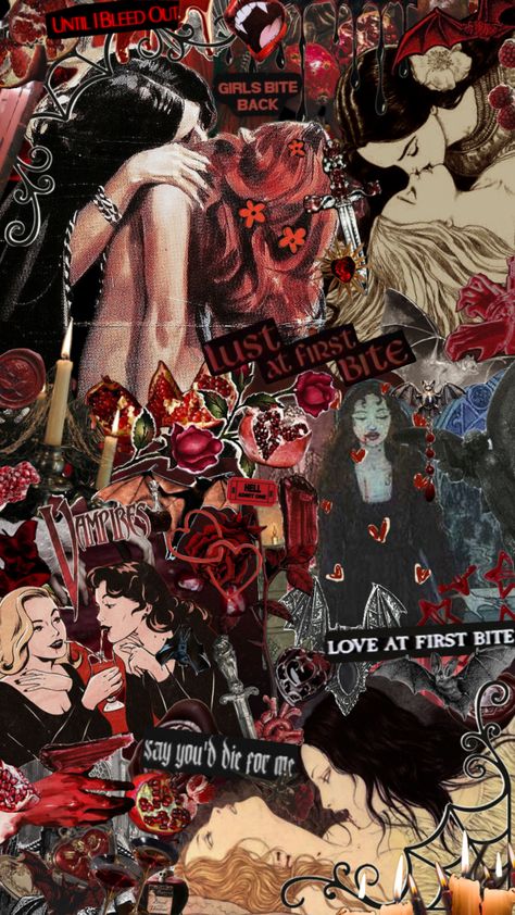 #vampire #vampireaesthetic #sapphic #lgbtq #gothic #gothicaesthetic #gothicromance #red #black #redandblack #redaesthetic #wlwlove #wallpaper #background #collageart #spooky #fangs #vintage Sapphic Aesthetic Art, Goth Wallpaper, Gothic Wallpaper, Witchy Wallpaper, Spiritual Artwork, Lgbt Art, Gothic Aesthetic, Picture Collage Wall, Edgy Wallpaper