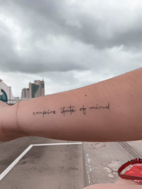 New York State Of Mind Tattoo, New York Related Tattoo, Small New York Tattoo, Ever Since New York Tattoo, State Of Mind Tattoo, Fine Line Writing Tattoo, New York Tattoo Ideas, New York Tattoos, Nyc Tattoo Ideas