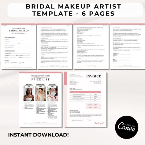 This Bridal Makeup Artist Contract Template isn't just a document; it's a crucial tool that enhances professionalism, builds trust, and safeguards your business interests. By investing in this template, you'll streamline your client interactions and elevate your bridal makeup services to new heights. Also included is a Bridal Packages Price List and Invoice to help give your business a cohesive vibe. 💍👰💄 Makeup Artist Contract, Makeup Contract, Bridal Makeup Services, Service Agreement, Bridal Packages, Client Service, Printable Business, Braut Make-up, Makeup Services