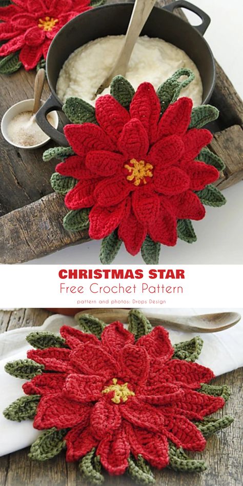 Christmas star free crochet pattern. Crochet Poinsettia, Christmas Potholders, Crochet Pot Holders Free Pattern, Christmas Crochet Blanket, Mom Crafts, Crochet Ornament Patterns, Christmas Crochet Patterns Free, Yarn Ideas, Crochet Idea