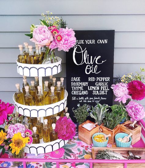 A colorful floral bridal shower inspired by Rifle Paper Co patterns | DIY Floral Bridal Shower Ideas | Top New England Entertaining Blogger Olive Oil Bar Wedding, Olive Oil Shower Favors, Olive Oil Theme Party, Flower Bar Favors Ideas, Olive Oil Bridal Shower Theme, Favor Bar Ideas, Floral Boho Bridal Shower Ideas, Olive Oil Bridal Shower Favors, Make Your Own Olive Oil Bar