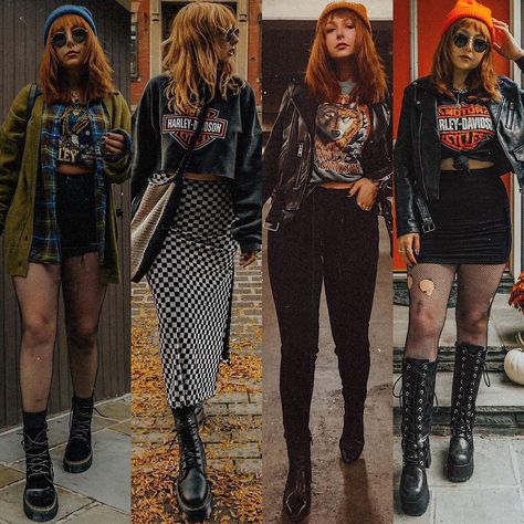 Fall Outfits Band Tees, Edgy Slip Dress Outfit, Rock Tee Outfit, Harley Outfits For Women, Instagram Grunge Aesthetic, Alternative Winter Fashion, Vintage Rock Outfits, Fall Graphic Tee For Alternative Fashion, Alternative Style T-shirt For Fall Concert