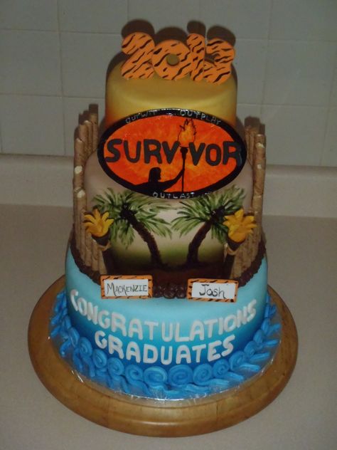 - Graduation Cake for my bosses daughter.  She is grateful that they "Survived" High School!  I hand painted the Logo (except for fondant letters) and hand painted the palm trees.  TFL Chemo Party, Survivor Theme, Fondant Letters, Survivor Party, Cal Poly, High School Survival, Grad Ideas, Special Cakes, Icing Tips