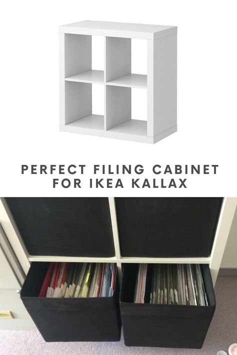 IKEA filing cabinet: At last, an easy, perfect solution Home office with IKEA filing cabinet. IKEA KALLAX hanging file storage unit. Small File Storage, Kallax File Storage Hack, Office File Storage Design, Ikea Offuce, Ikea Kallax Office Storage, Ikea Kallax Home Office Ideas, Ikea File Storage, Cube File Storage, Filing Storage Ideas