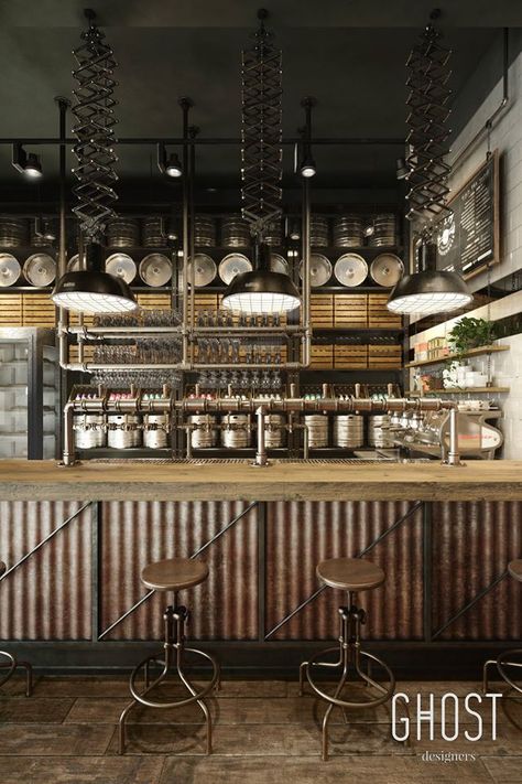 Bar Front Ideas, Kitchen Hood Ideas, Hood Ideas, Brewery Design, Industrial Cafe, Industrial Restaurant, Kitchen Hood, Rustic Restaurant, Bar Interior Design