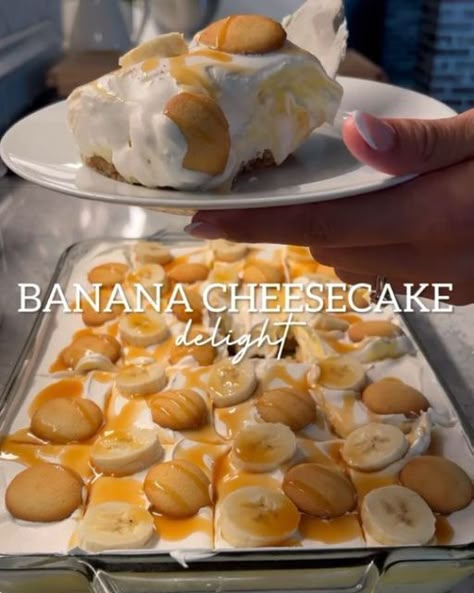 Daily Recipes on Instagram: "Banana Cheesecake Delight by @britscookin

Crust
11oz box vanilla wafers
¼ cup brown sugar
1 ½ sticks salted butter

Pudding
2 3.4 oz boxes vanilla pudding
3 cups cold milk 
½ tsp or more of rum extract (optional)

Garnish
Nilla wafers
Bananas 
Caramel
Nuts 

1 container no bake cheesecake
4 fresh bananas 
8oz cool whip

Prepare the crust and press it into a 13x9 dish. Chill in the refrigerator for 10 minutes. Next, add the no-bake cheesecake filling. Slice bananas and place them on top of the cheesecake filling. Prepare the pudding - it should have a thick consistency. Spread the pudding over the bananas. Finish by adding whipped topping and garnish as desired." Banana Pudding Cheesecake No Bake, Banana Cheesecake Recipe, Cheesecake Delight, No Bake Cheesecake Filling, Banana Pudding Desserts, Recipes Banana, Cookie Deserts, Rum Extract, Carrot Cookies