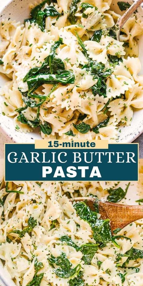 This Garlic Butter Pasta recipe is the perfect addition to your dinner. Fresh spinach and bow tie pasta are tossed in a creamy garlic-butter sauce, creating a dish that's not only seriously delicious but also ready in just 15 minutes! Vegan Bow Tie Pasta Recipes, Spinach Pasta Side Dish, Garlic Butter Bowtie Pasta, Creamy Spiral Pasta Recipes, Bowtie Pasta Recipes Vegetarian, Recipe With Fresh Spinach, Bowtie Pasta Recipes, Bow Tie Pasta Recipes, Lent 2024