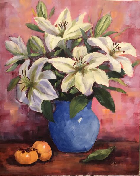 Lilies In A Vase, Painting Of Lily Flower, Painting Of Lilies, Lilies Painting Acrylic, Lily Painting Acrylic, Lillies Painting, Lily Flower Painting, How To Paint Water, Majestic Art