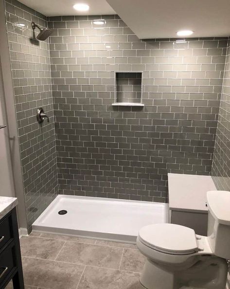 Grey Basement Bathroom Kc Bathroomremodeling Shower In Small Bathroom, Brown Tiled Shower Ideas, Small Bathroom Ideas Brown Tile, Brown Gray Tile Bathroom, Grey Basement, Light Brown Bathroom Ideas Shower Tiles, Bathroom Remodel Brown Tile, Modern Shower Tile, Doorless Shower Design