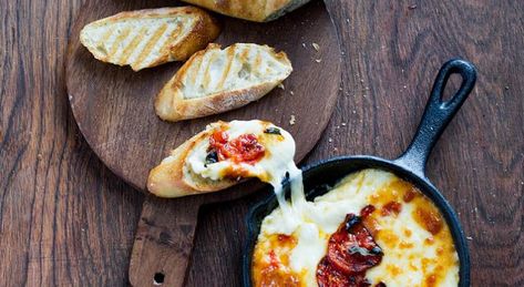 Baked Provolone Grilled Toast with Tomatoes, Marjoram and Balsamic | La Brea Bakery Toast With Tomatoes, Argentine Recipes, Tomatoes On Toast, Grilled Fish Recipes, Balsamic Recipe, Tapas Recipes, La Brea, Baked Cheese, Bakery Recipes