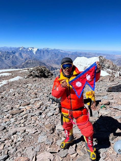 Yeti Airlines’ Chairman Lhakpa Sonam Sherpa has successfully ascended Mount Aconcagua (6962 m), Argentina’s highest mountain in South America. Yeti Airlines, Nepal Flag, Picture Credit, Travel And Tourism, Mountaineering, Scales, South America, Airlines, Mount Everest