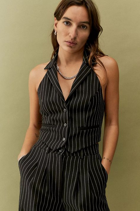 Urban Outfitters Archive Black Pinstripe Halterneck Waistcoat | Urban Outfitters UK Waistcoat Outfit Women, Pinstripe Waistcoat, Waistcoat Outfit, Clothing Apparel, Black Fits, Cut And Style, Halter Dress, Sleeveless Top, Urban Outfitters