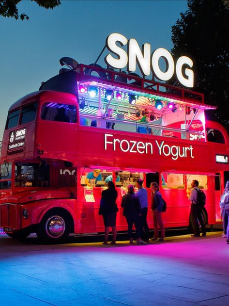 Snog Frozen Yogurt, Neon Food Truck, Food Bus, Backyard Bbq Pit, Vegan London, Neon Food, Mango Chocolate, Food Stall Design, Routemaster Bus