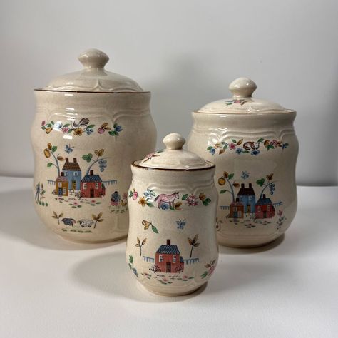 **SOLD** Vintage international stoneware canisters, shoot us an offer or a message if you have any questions! Price: 💲6️⃣5️⃣ #oldstuff #antiques #vintage #austin #coolfinds #explore Stoneware Canisters, Village Kitchen, Canisters, Stoneware, Austin, Old Things, Home Decor, Home Décor