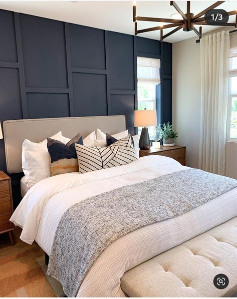 Horizontal Accent Wall Bedroom, Slate Bedroom Ideas, Design Wall In Bedroom, Gray Bed Frame Bedroom Ideas Boho, Smokey Blue Accent Wall Bedroom, Bedroom Contrast Wall, Accent Wall With One Window, Slate Accent Wall Bedroom, Main Bedroom Accent Wall Ideas