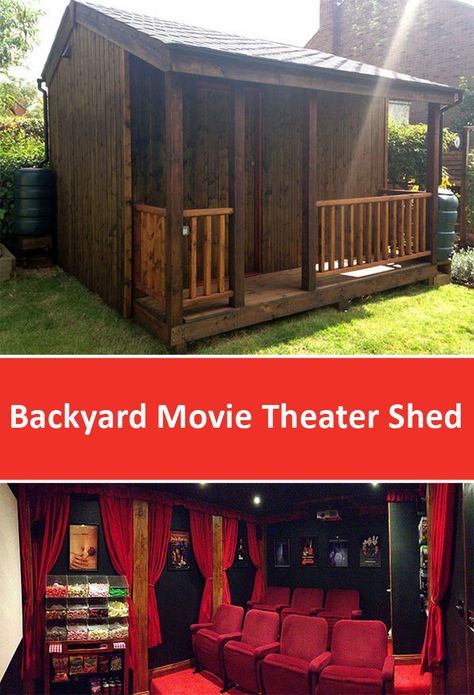 Backyard Movie Theater, Backyard Movie Theaters, Theatre Diy, Diy Storage Shed Plans, Building A Storage Shed, Wood Shed Plans, Shed Construction, Free Shed Plans, Backyard Movie