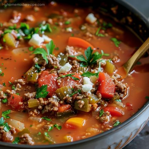 Peppers And Rice, Stuffed Pepper Soup Recipe, Pepper Soup Recipe, Cooking With Ground Beef, Soup With Ground Beef, Pepper Soup, Stuffed Pepper, Stuffed Pepper Soup, Bowl Of Soup