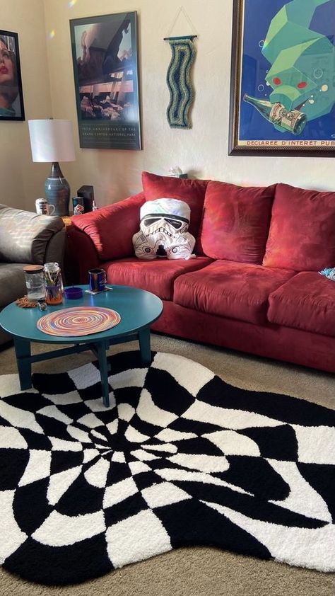 Funky Room Aesthetic, Funky Room, Funky Aesthetic, Black And White Rug, Deco Studio, Funky Decor, Apartment Aesthetic, Room Deco, Indie Room