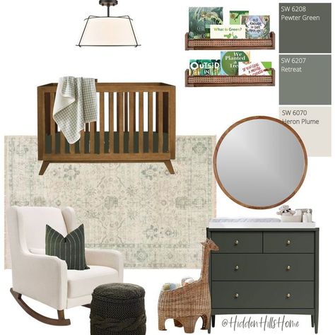 Green nursery decor design board along with paint color suggestions for the room. Sage Green Nursery Dark Wood, Modern Green Nursery, Green Wood Nursery, Green Crib Nursery Boy, Green And Natural Wood Nursery, Nursery Green Dresser, Boy Nursery Dark Furniture, Nursery With Walnut Furniture, Green And Walnut Nursery