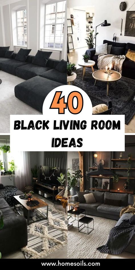 Elevate your space with these 40 black living room ideas! From sleek furniture to bold accents, these designs create a dramatic, modern atmosphere that exudes sophistication and style. Perfect for a chic and timeless look. Decorate Black Couch, Rug With Black Couch, Black Leather Sectional Living Room, Black Sectional Living Room Ideas, Home Design Inspiration Living Room, Mens Living Room Ideas Bachelor Pads, Black Sofa Decor Ideas, Living Room Designs Contemporary, Black Living Rooms