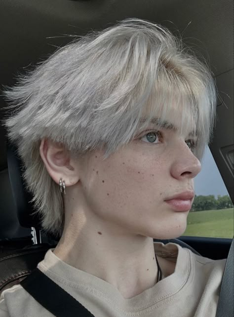 Silver Blonde Hair Men, White Fluffy Hair Boy, White Blonde Hair Men, Light Blonde Hair Men, Blonde Hairstyle Men, White Hair Men Aesthetic, Platinum Blonde Hair Guys, White Hair Boy Oc, Mens Middle Part